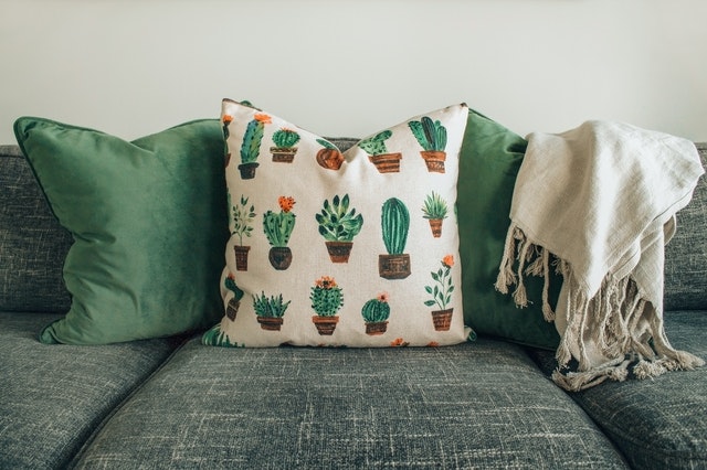 couch with cactus pillow