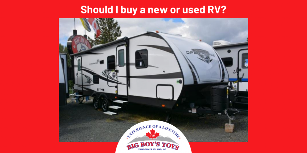 Used or new RV sitting on a dealership lot.
